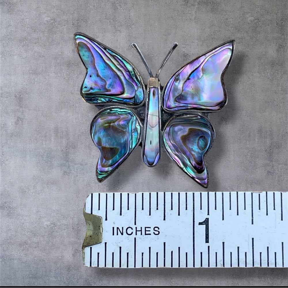 Vintage Butterfly Abalone Inlay Silver Mexico Pin Brooch - Picture 11 of 13
